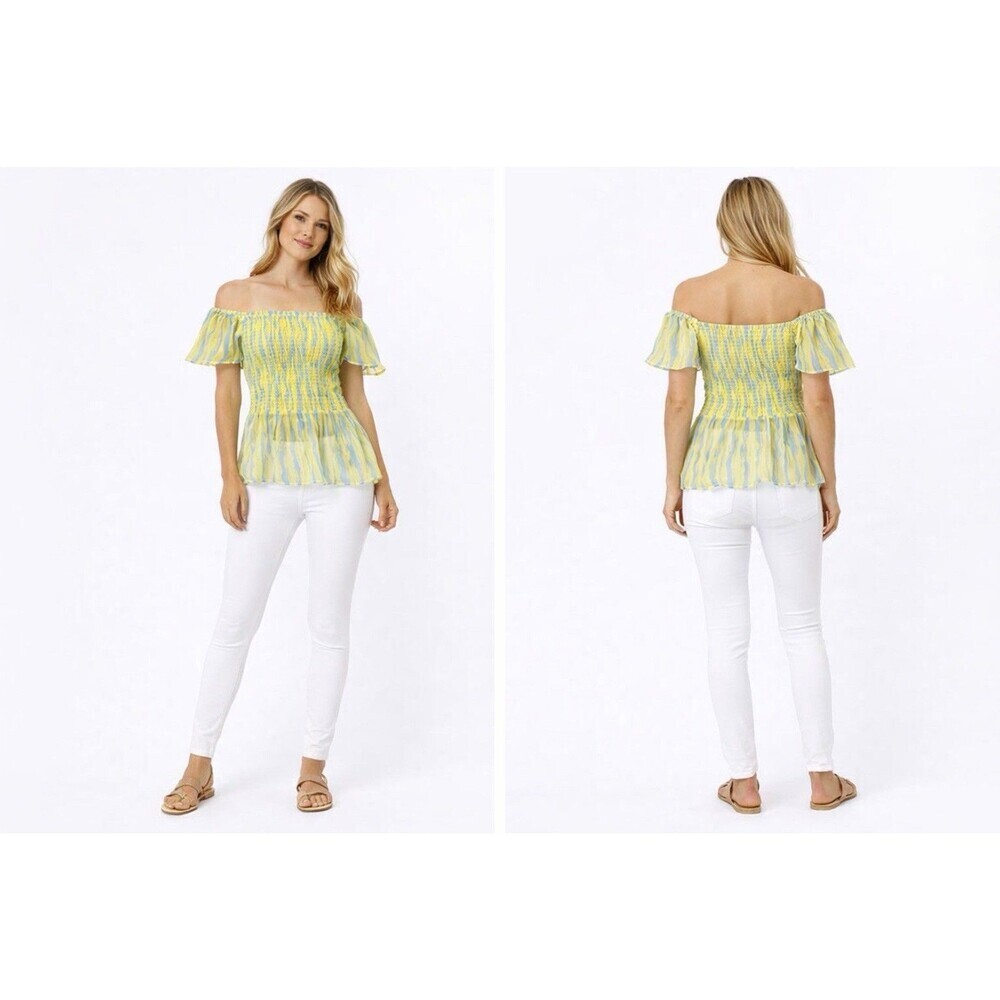 MOON RIVER Anthropologie Yellow Blue Smocked Off Shoulder Top Size L Boho